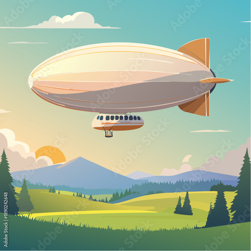 Illustration stylisée d’un dirigeable volant au-dessus d’un paysage montagneux, soleil