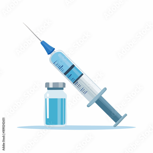 Illustration médicale d’une seringue et d’un flacon de vaccin sur fond clair