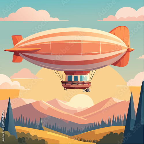 Illustration stylisée d’un dirigeable volant au-dessus d’un paysage montagneux au coucher du soleil