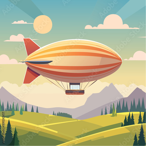 Illustration stylisée d’un dirigeable volant au-dessus d’un paysage montagneux, journée ensoileillée