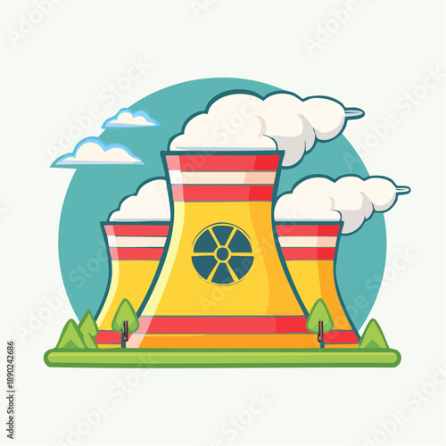 Stylized nuclear power plant illustration with radioactive symbol and steam