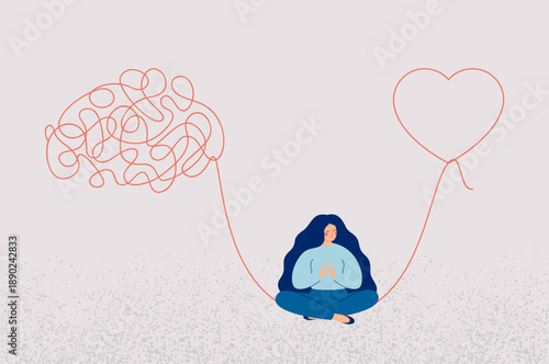 woman in balance between Heart and brain, mindset and feelings. Psychology concept of emotional intelligence and rational thinking for inner harmony. intuition and experience. vector illustration