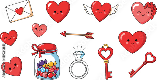 Cute Kawaii Valentines Day Sticker Set Adorable Heart Characters with Faces Love Letter Candy Jar Engagement Ring