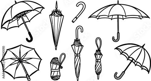 Hand drawn black and white sketch set of various umbrellas open and closed different angles and styles vector art