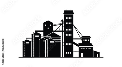 A stark black silhouette depicts an industrial complex with grain elevators cranes and buildings creating a dramatic skyline silhouette high quality