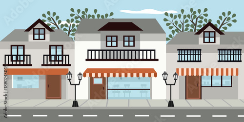 Urban Street Scene with Buildings and Awnings. Cafe store. Coffee shop area. Restaurant. Cityscape. Storefront building.