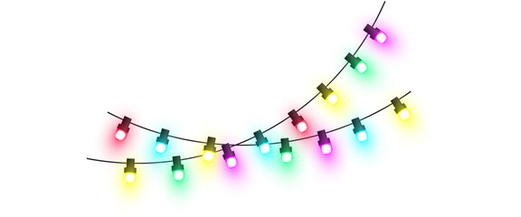 Realistic warm glowing string lights or christmas fairy light overlay with blue green red yellow colorful illumination for wedding festive event celebration and decoration on transparent background 