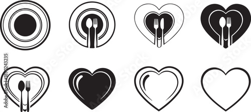 Heart-shaped plate and cutlery logos with food and love symbols