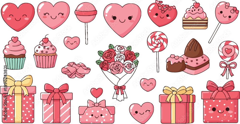 Naklejka premium Adorable Valentine Graphic Elements Hearts Cupcakes and Presents in Pastel Colors