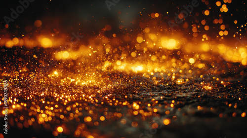 Golden spark glowing ember abstract light fire particle warm bokeh glitter dust orange glow festive background night scene magic atmosphere