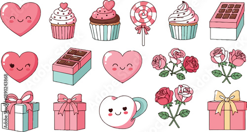 Cute Hearts Cupcakes Roses and Gift Boxes in Pastel Pink and Mint for Romantic Designs