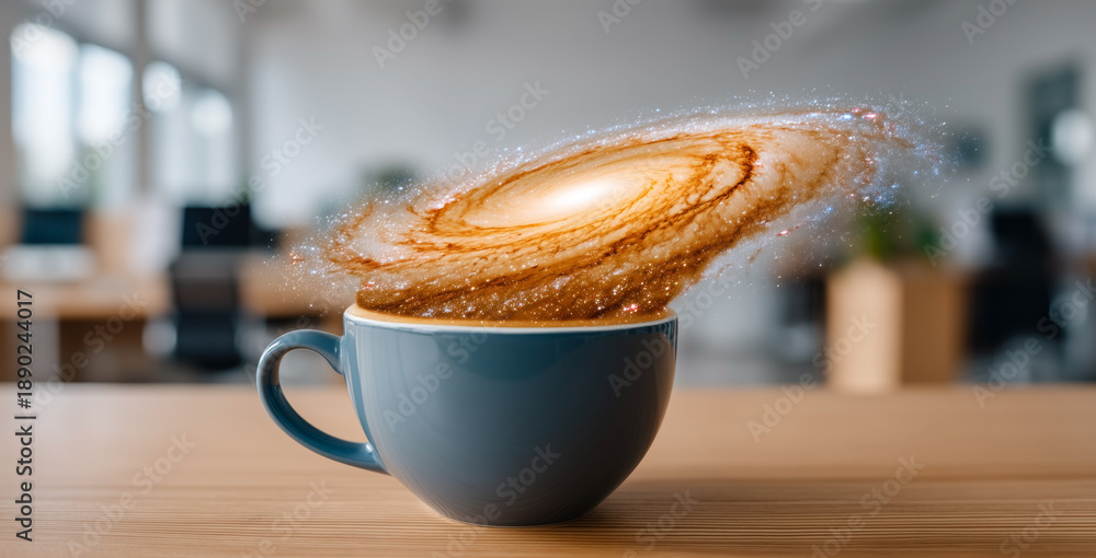 Fototapeta premium Surreal galaxy swirling from coffee cup on office desk blending cosmic imagination with caffeine in creative workplace concept