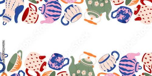 Border pattern with colorful teapot, cup and mug in flat style. Decorative illustration forming a tea frame on white background for kitchen decor, textile, packaging and stationery.