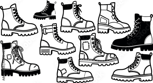 Black and white detailed vector art of various rugged combat boots with laces and thick soles isolated on white background