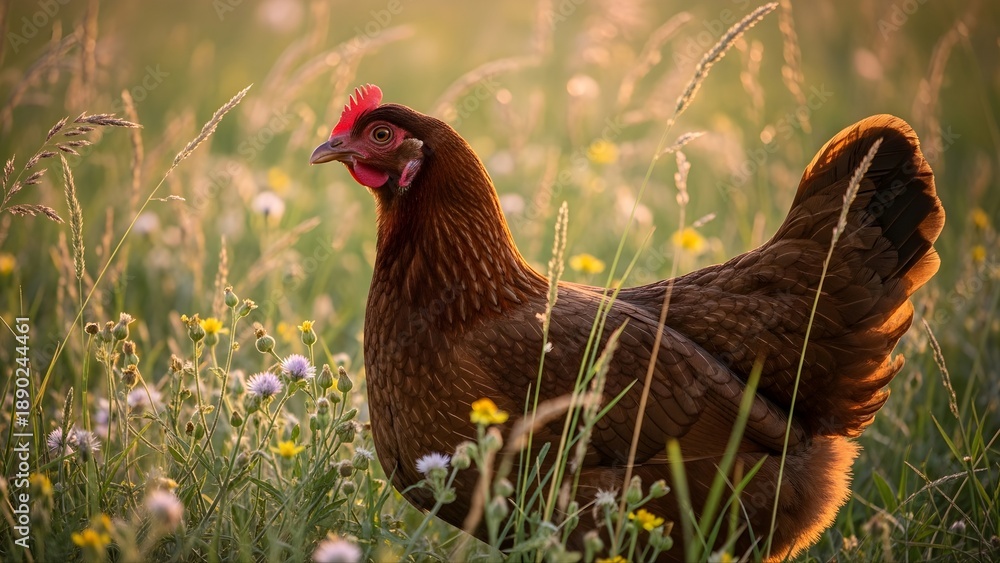 Fototapeta premium Peaceful Brown Hen Standing in a Lush Green Meadow Bathed in Golden Sunlight