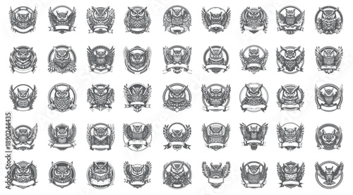 Detailed Owl Head Portraits, Vintage Label Design Elements