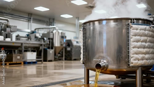 Medium shot of a vertical steamjacketed kettle gently melting animal fat into golden clear tallow showcasing industrial food processing in a clean factory setting.