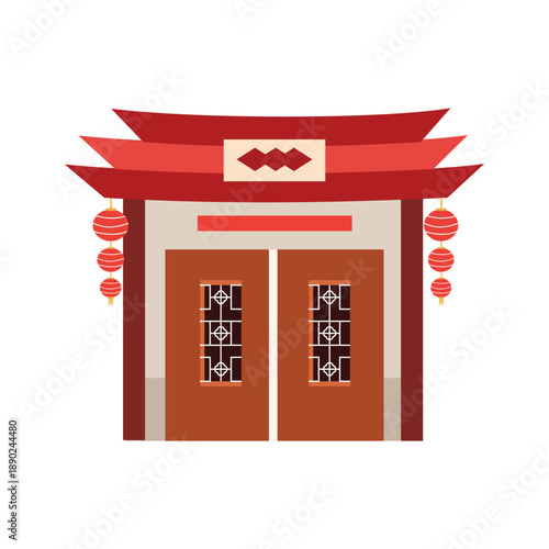Traditional Chinese Gate with Red Lanterns. Front door house. China house. Gate illustration