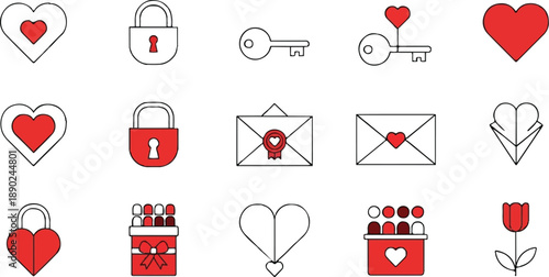 Hearts Locks Keys and Love Letters in Red and Black Outline