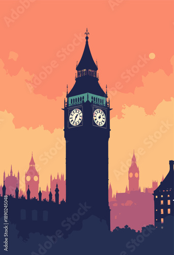 Vertical flat illustration Big Ben Elizabeth Tower, London Victorian gothic details silhouette against hazy orange sunset