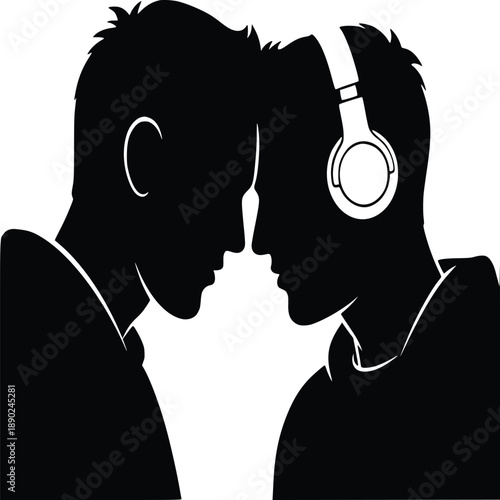 Silhouette profile of two men standing closely together with one person wearing distinctive large white over-ear headphones for audio listening