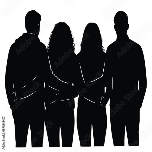 Striking black silhouette graphic depicting four young adults standing closely together with arms around shoulders for support