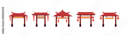 Traditional Chinese Archways Collection. Chinese gate. Temple gate. Japanese gate. Korean gate. Red lantern. Roof.
