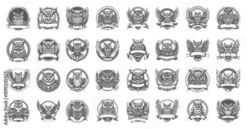  Antique Heraldry Owl Badges, Ornate Bird Framing Designs