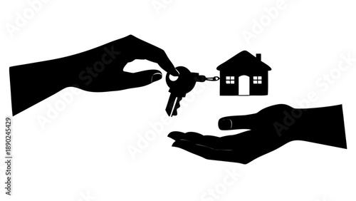 Silhouette of two hands, one passing a house key to another, real estate closing and home ownership concept.