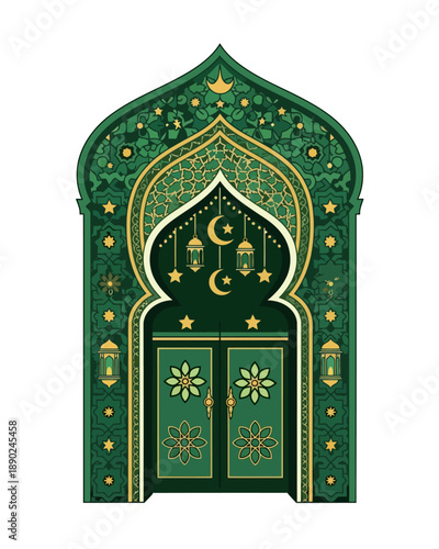 Showcasing an ornate green and gold archway with intricate patterns, captured as a frontal photograph in a minimalist white studio environment