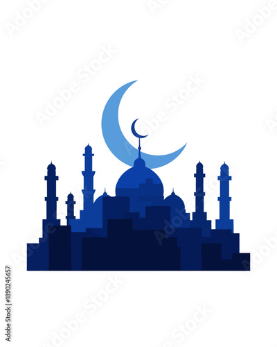 Serene illustration of a blue mosque with crescent moon and minarets, featuring domes against a tranquil sky, viewed from a frontal perspective