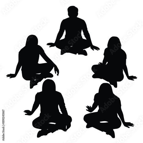 Silhouette of five people sitting cross-legged in a circle formation representing group meditation or mindful wellness practices