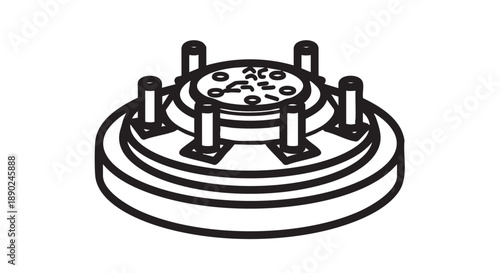 A stylized illustration of a mechanical turntable with cylindrical supports holding a circular tray full of round objects