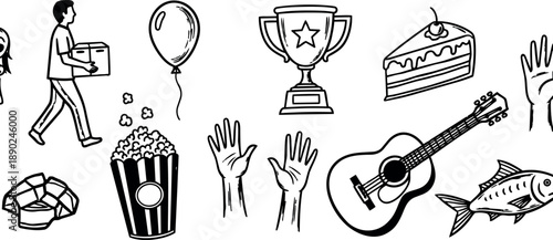 Black and white hand drawn vector icons including man carrying box, balloon, trophy, cake slice, popcorn, raised hands, guitar, fish, and croissant
