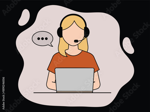A cartoon woman wearing a headset and working on her laptop