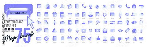 Mega set of vector icons in frosted glass, modern trendy style. Purple and transparency liquid glass. 75 icons in a single style of business, finance, web, UX UI