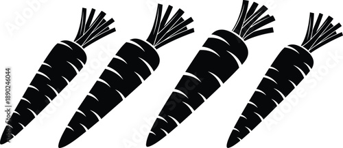 Black carrot vegetable silhouettes set in different sizes, minimal flat icon illustration isolated on white background for organic food, farming, nutrition, and healthy lifestyle concepts