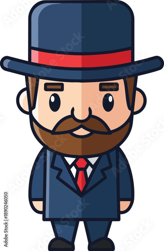 Cartoon character illustration of a man wearing a suit and top hat standing in a straightforward pose