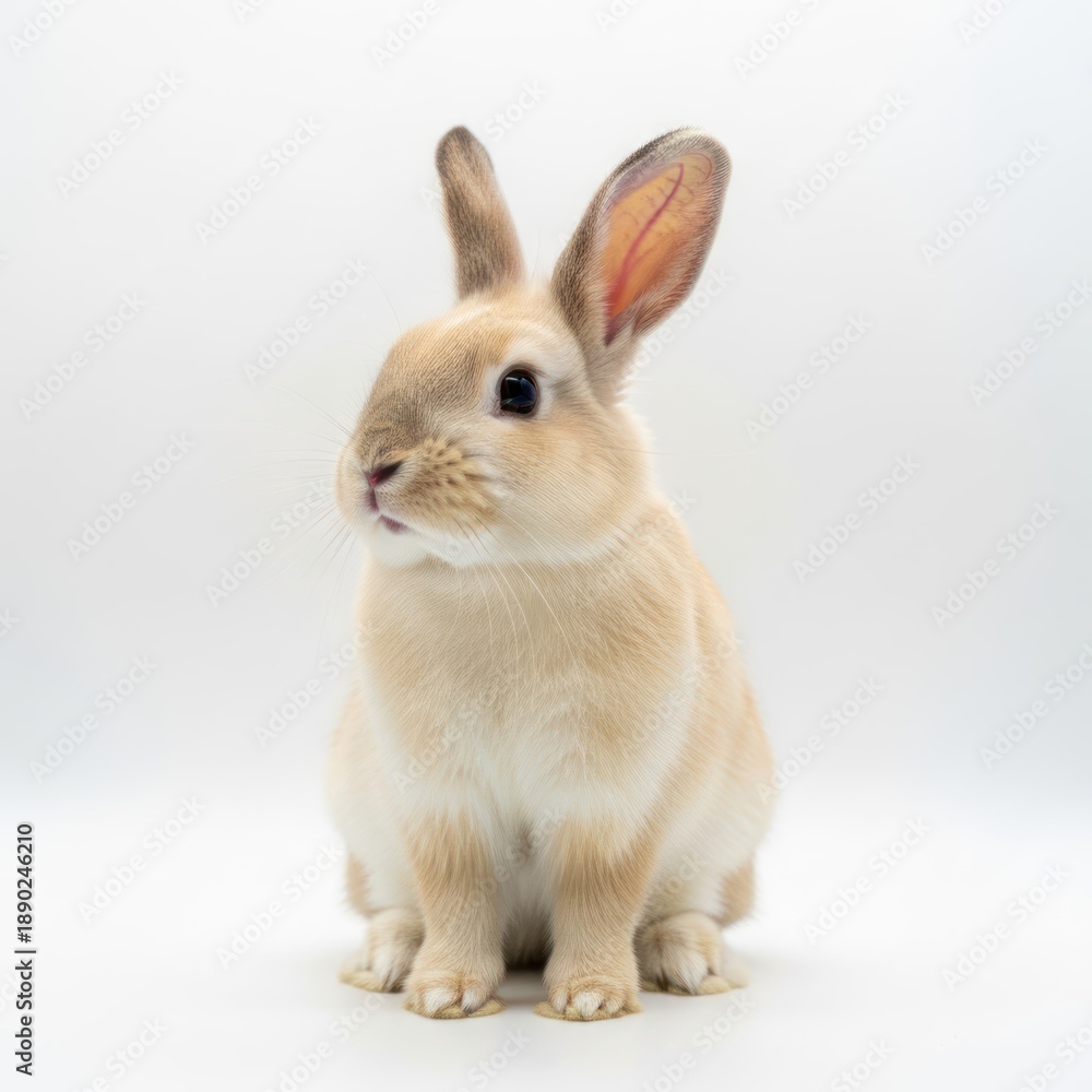 Fototapeta premium A close-up of a light brown rabbit with large ears, sitting against a white background.