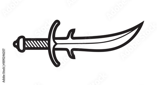 Simple line drawing of a medieval sword with a curved blade and crossguard, illustrated on a plain background.