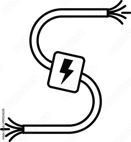 Black line art icon of two electrical wires connected through a central junction box with a lightning bolt symbol
