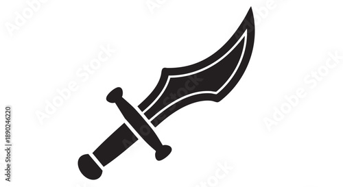A medieval sword with a curved blade and ornate hilt is depicted in a simple graphic illustration.