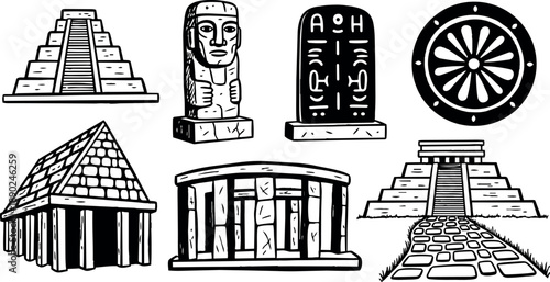 Black and white vintage style line art set of ancient stone monuments and sculptures including stepped pyramids statue and carved tablet
