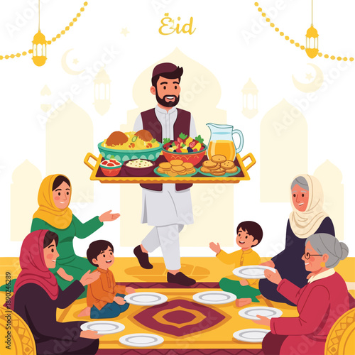 Family gathered around a food platter on a carpet for a festive meal