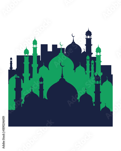 Viewing a vibrant illustrated cityscape graphic showcasing central mosque architecture, split green and dark blue colors, from a frontal perspective