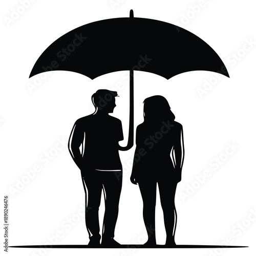 Silhouette of a couple standing closely together sharing one large umbrella for protection against the weather elements