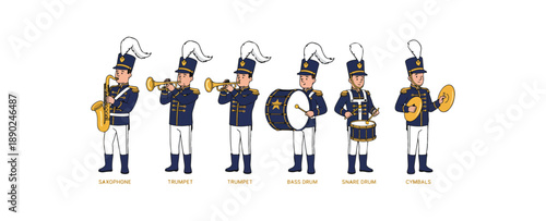 Marching Band Musicians Playing Instruments in Uniform.