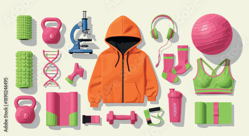Collection of fitness equipment gym apparel medical tools and healthy lifestyle accessories for sports and wellness design vector