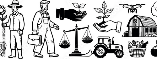 Black and white vector art depicting farmer holding sunflower, businessman with briefcase, balanced scale, hands holding seedlings, tractor, barn, drone, and basket of vegetables agricultural icons