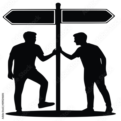 Two men stand at a signpost deciding between taking a path toward new beginnings or a familiar path forward